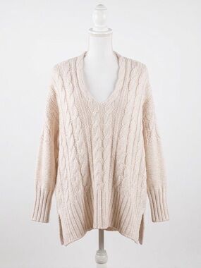 Free People Cream Beige Cable Knit Oversized Boho Slouchy Sweater 100% Cotton